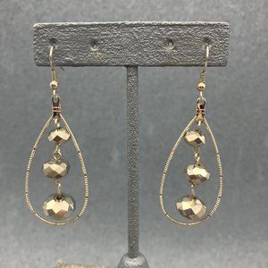 Dangle Pierced Earrings Silver Textured Teardrop Gunmetal Faceted Triple Bead